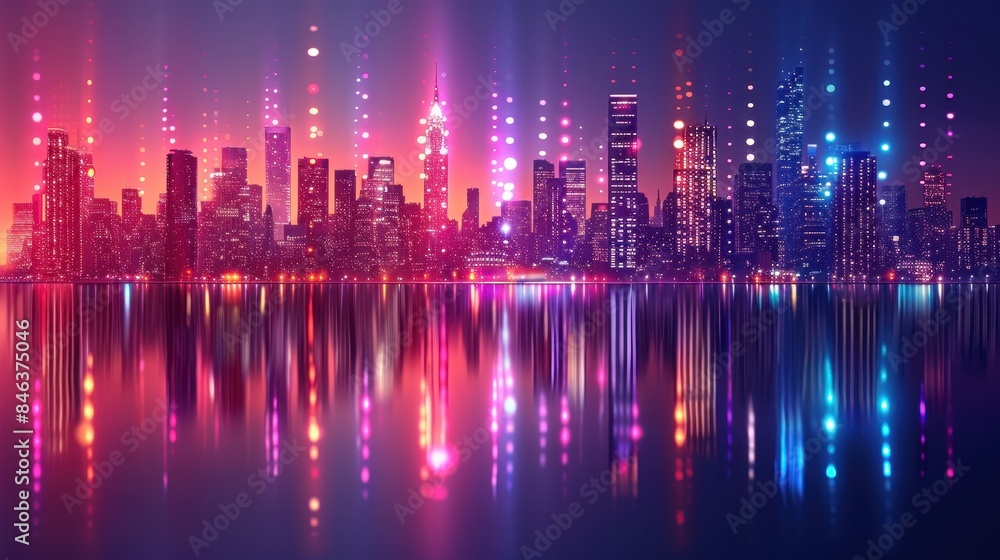 Vibrant city skyline at night with colorful lights reflecting on water, showcasing a modern metropolis in a futuristic design. Vibrant city skyline at night with colorful lights reflecting on water, showcasing a modern metropolis in a futuristic design.