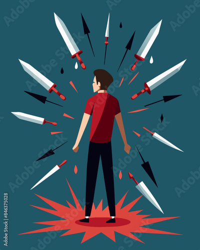 The victim stood there helpless as the attackers words hit like a flurry of knives.. Vector illustration