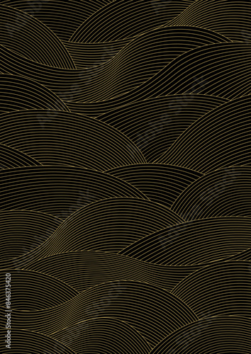 黒い背景に金の線で作った和風波型背景素材