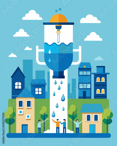 In an effort to reduce plastic waste a community successfully crowdfunds for the installation of several water fountains with builtin filtration systems throughout the town.. Vector illustration