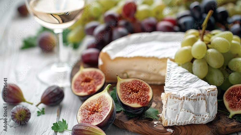 Brie cheese, grapes and figs on white wooden table with wine glasses. Generative AI. Brie cheese, grapes and figs on white wooden table with wine glasses. Generative AI.