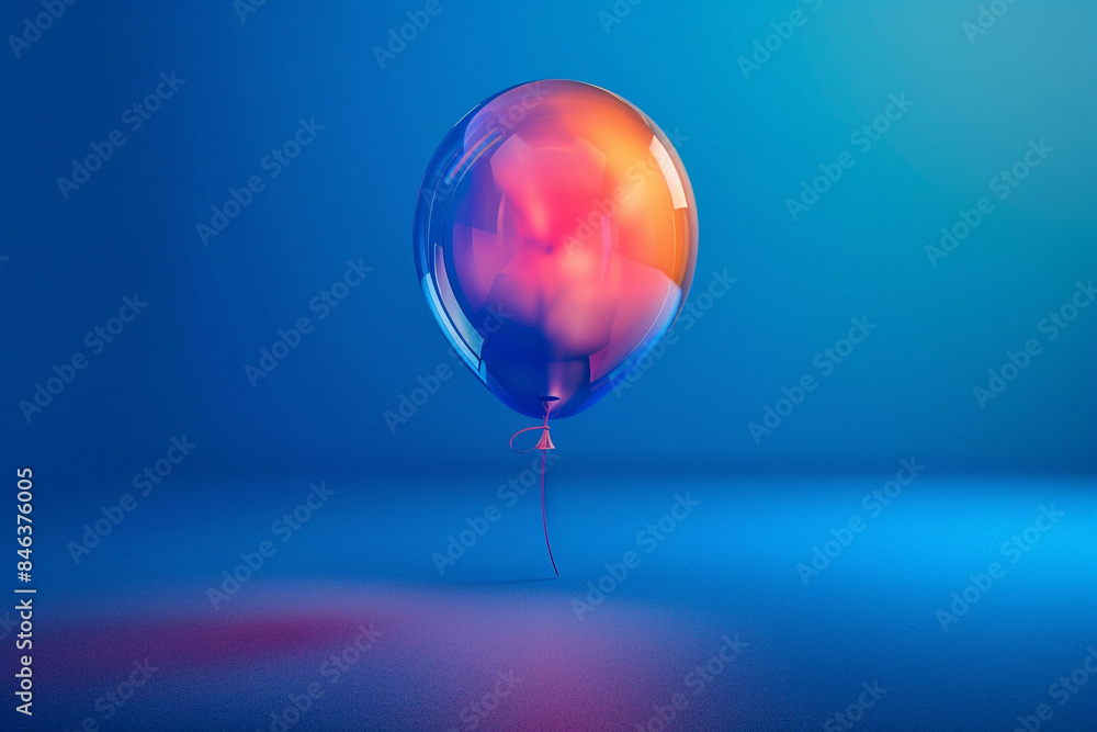 A single, translucent balloon floating in mid-air, its vibrant colors reflecting against a deep blue background.