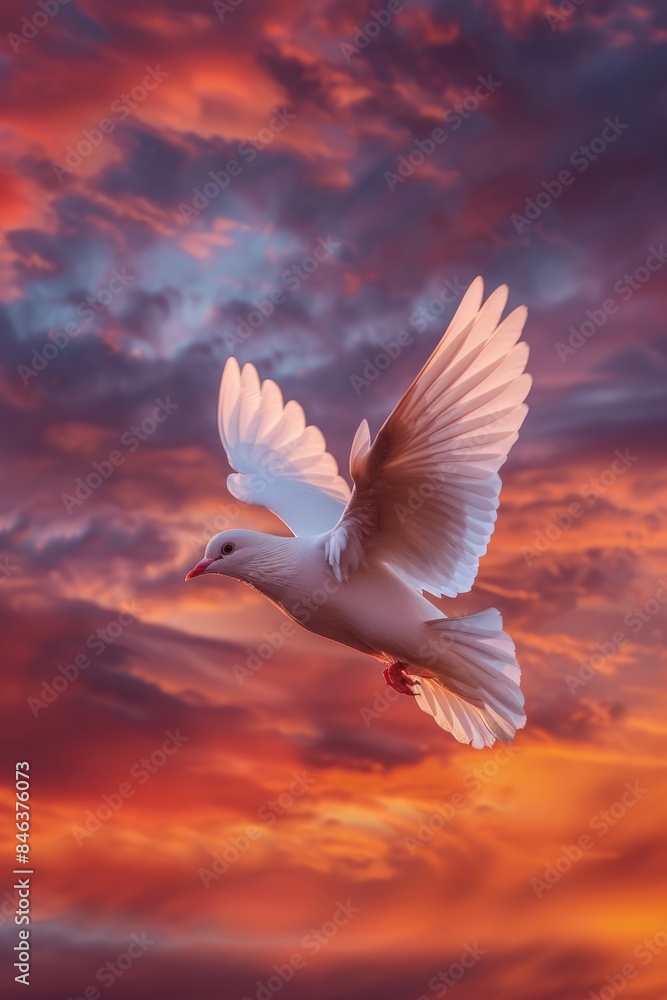 Fototapeta premium A white dove flying in the sky with a beautiful orange