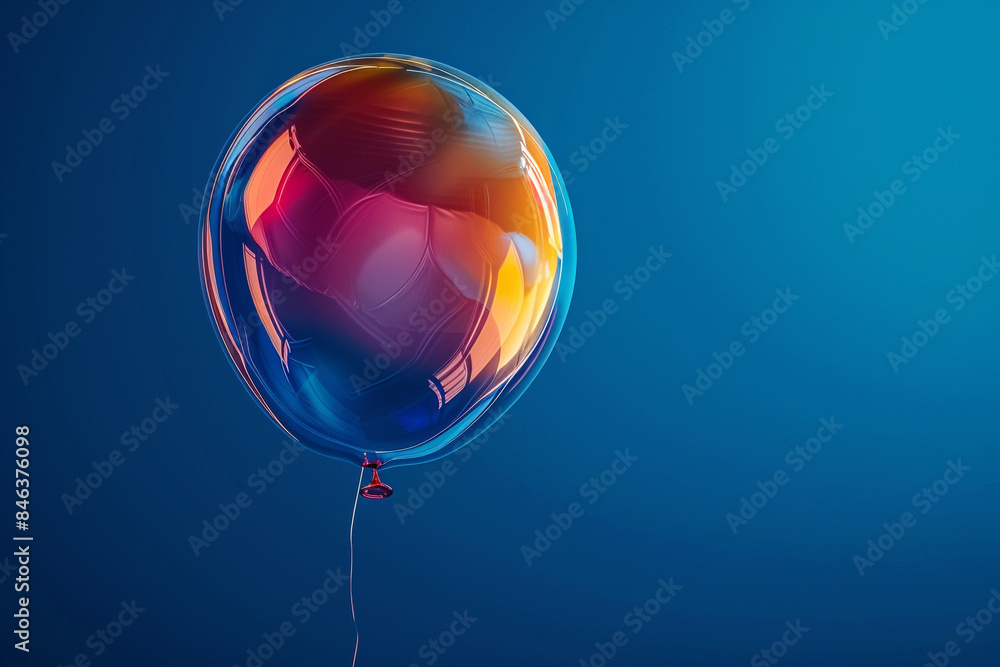 A single, translucent balloon floating in mid-air, its vibrant colors reflecting against a deep blue background. A single, translucent balloon floating in mid-air, its vibrant colors reflecting against a deep blue background.
