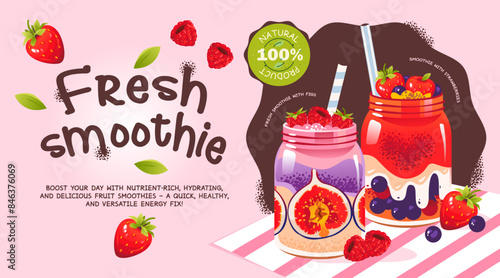 Advertising banner with fruit cocktails. Poster template with summer drinks and detox smoothies with strawberries, figs and raspberries.