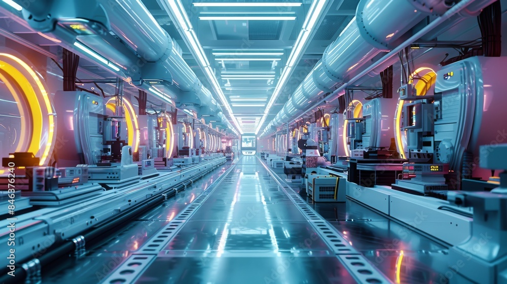 Fototapeta premium Smart factory with fully automated robot assembly, Cold light, Modern Future, High resolution, Neon light. Generative AI.