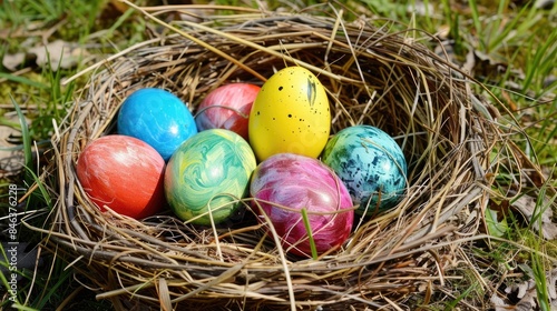 Easter eggs placed in straw nest outdoors symbolizing Holy Easter