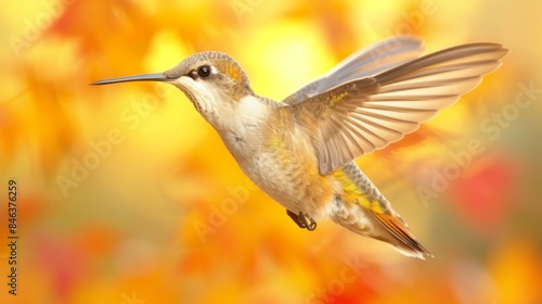  A hummingbird in flight, wings spread, head tilted, against a blurred backdrop of yellow and red leaves © Viktor