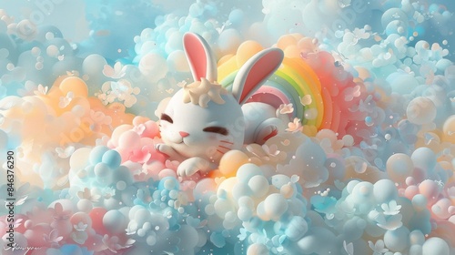 A rabbit is sleeping in a cloud of colorful bubbles photo