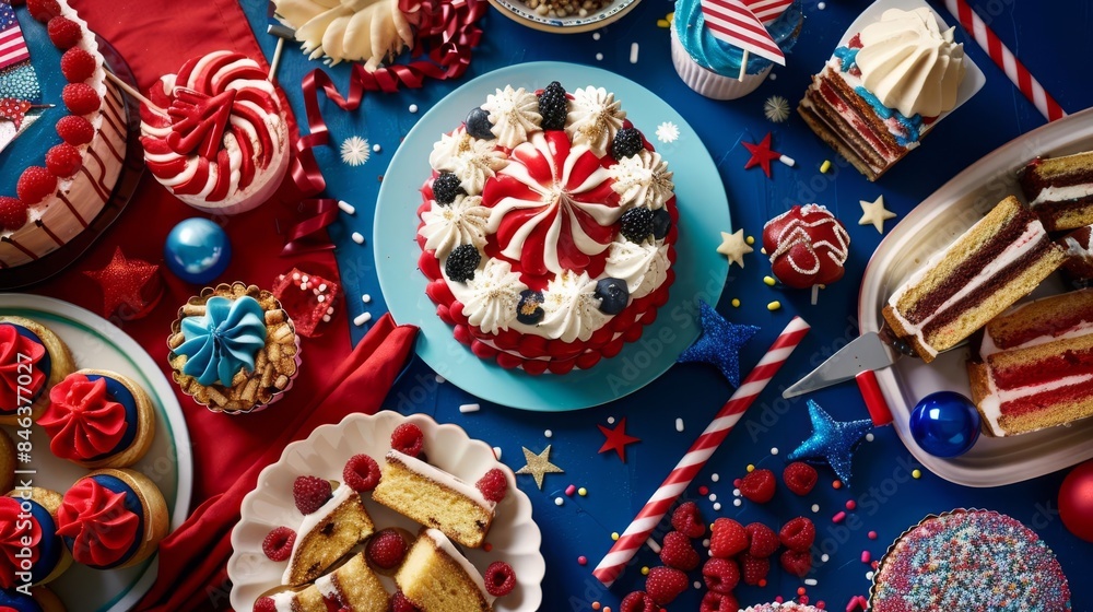 Fototapeta premium A wide-angle shot of an Independence Day cake surrounded by an array of themed desserts and festive treats with a bright and celebratory feel