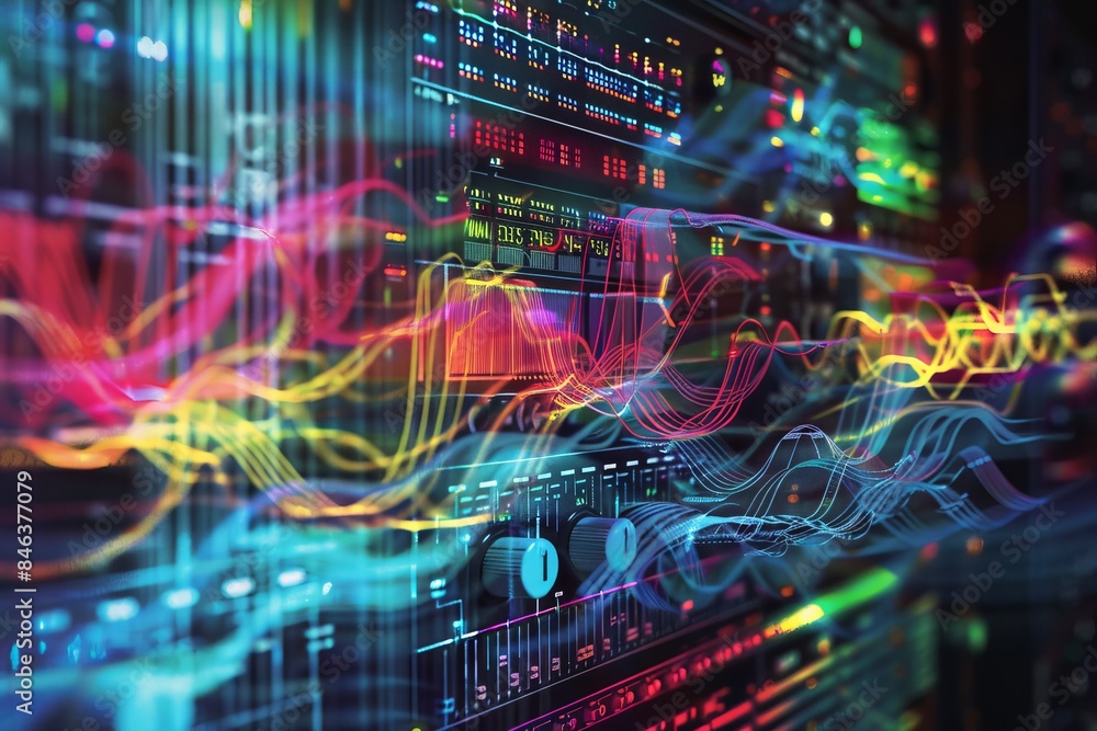 Artistic rendering of a radio deck with abstract colorful waves emanating from it Artistic rendering of a radio deck with abstract colorful waves emanating from it