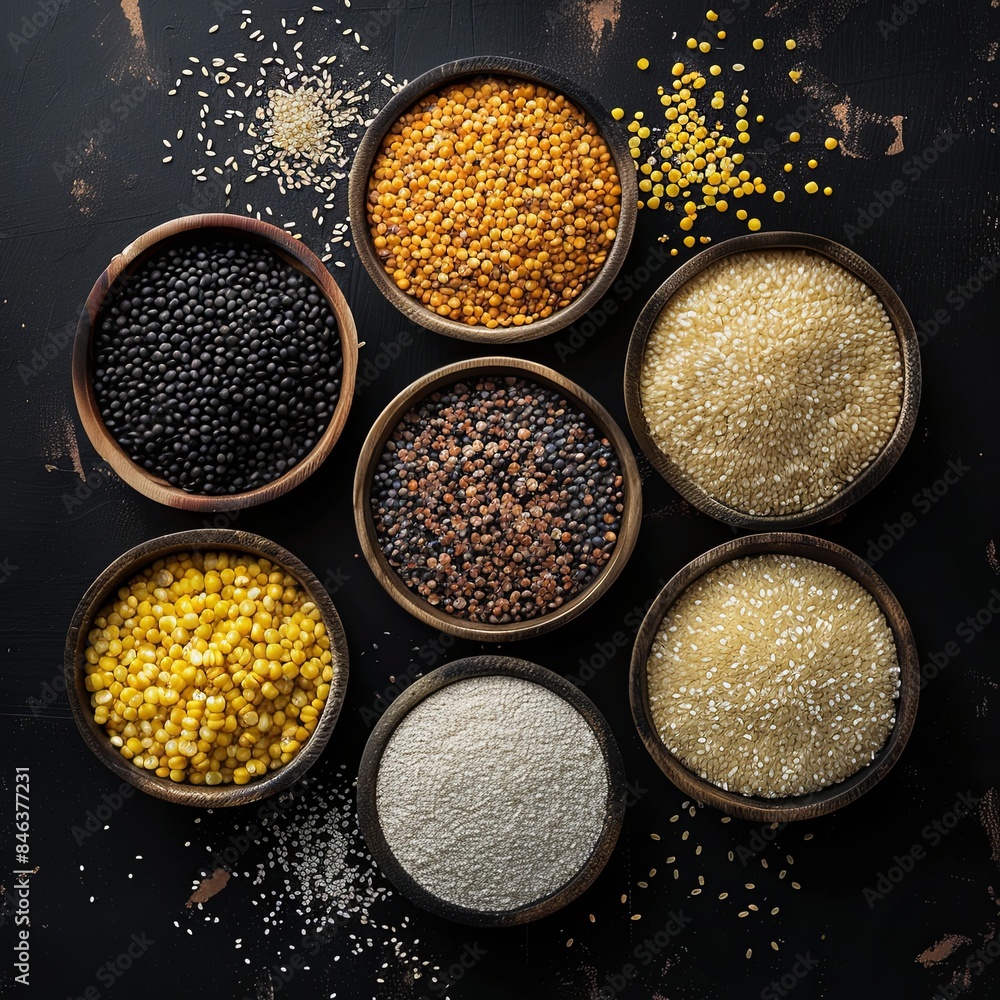 Set of Groats and Grains. Buckwheat, lentils, rice, millet, barley, corn, black rice. On a black background. Top view. Copy space Set of Groats and Grains. Buckwheat, lentils, rice, millet, barley, corn, black rice. On a black background. Top view. Copy space