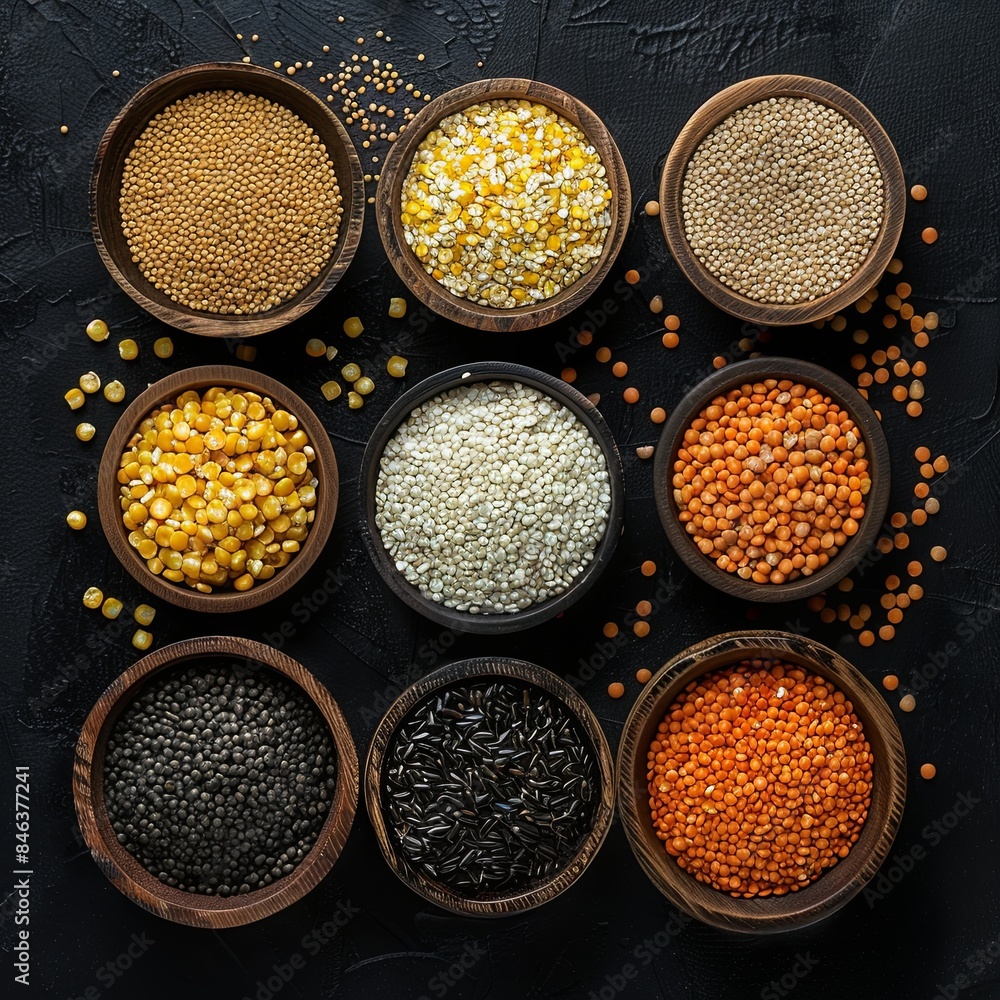 Set of Groats and Grains. Buckwheat, lentils, rice, millet, barley, corn, black rice. On a black background. Top view. Copy space Set of Groats and Grains. Buckwheat, lentils, rice, millet, barley, corn, black rice. On a black background. Top view. Copy space