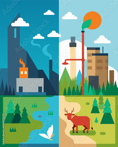 The clearance of land for industrial purposes has led to the displacement and extinction of numerous animal species causing irreparable damage to the delicate balance of the. Vector illustration