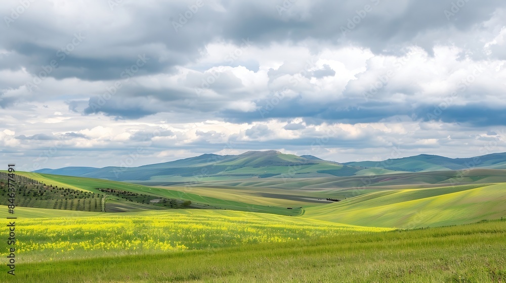 spring green field landscape in beautiful countryside with green and yellow grass rural hills and amazing cloudy sky on background Agriculture landscape with rural view : Generative AI spring green field landscape in beautiful countryside with green and yellow grass rural hills and amazing cloudy sky on background Agriculture landscape with rural view : Generative AI