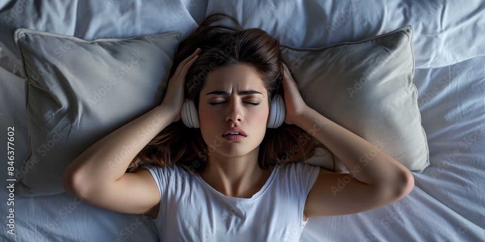 A woman wearing headphones lies in bed, holding her head and seeming displeased, as if overwhelmed by noise or struggling with discomfort. A woman wearing headphones lies in bed, holding her head and seeming displeased, as if overwhelmed by noise or struggling with discomfort.