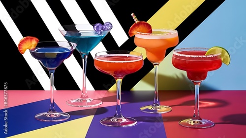Glasses of cocktails on bright background