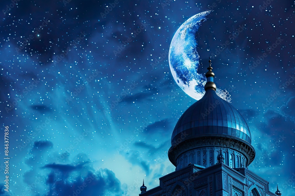 Ramadan Kareem background.Crescent moon at a top of a mosque with copy space with generative ai Ramadan Kareem background.Crescent moon at a top of a mosque with copy space with generative ai