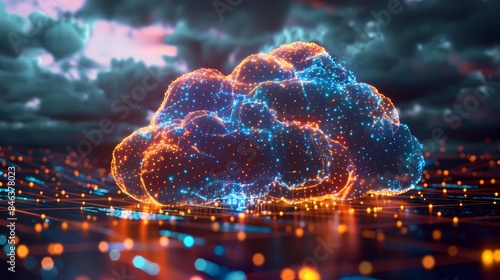 Colorful Data Cloud with Interconnected Nodes and Luminous Data Streams Representing Cloud Storage and Computing photo