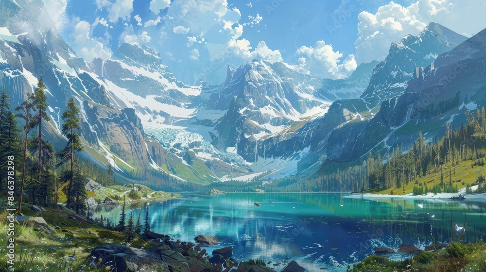 Fototapeta premium Snow capped peaks overlooking a valley lake