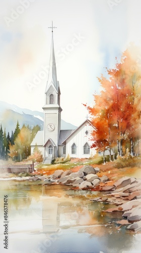 Watercolor of a modern church in a small village