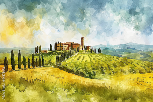 Vector sketch watercolor Green grass field on small hills. Meadow, alkali, lye, grassland, pommel, lea, pasturage, farm. Rural scenery landscape panorama of countryside pastures vector illustration