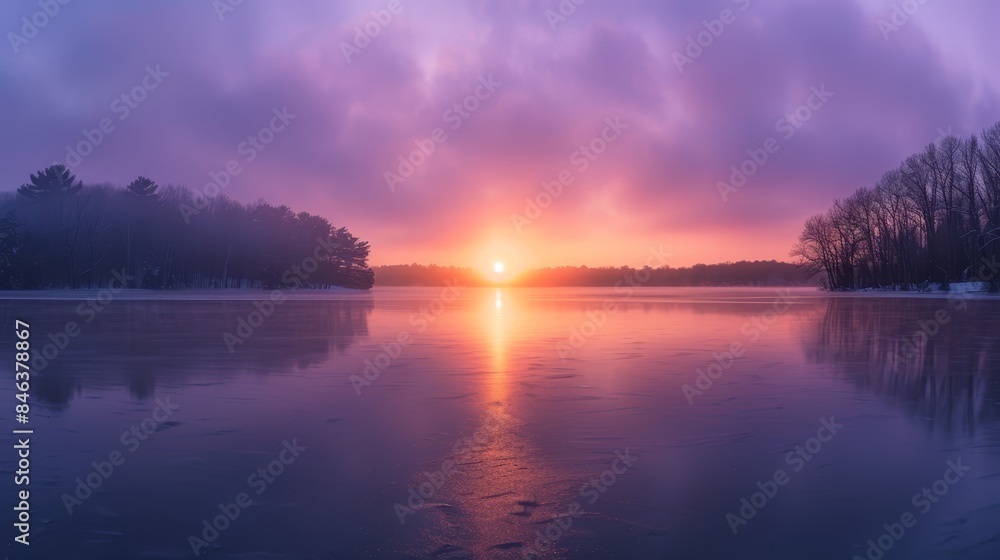 Fototapeta premium sun setting over a expansive water body, reflecting hues of orange and red Trees line the opposite shore, their silhouettes framed against the