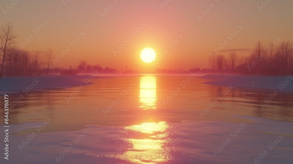 Fototapeta premium A sunset scene over a large body of water The sun is positioned in the middle, casting an orange glow over the surface Trees line the opposite shore, their branches dusted with