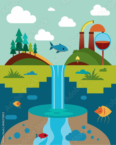 Overflowing reservoirs spill pollutants into nearby streams endangering aquatic life.. Vector illustration