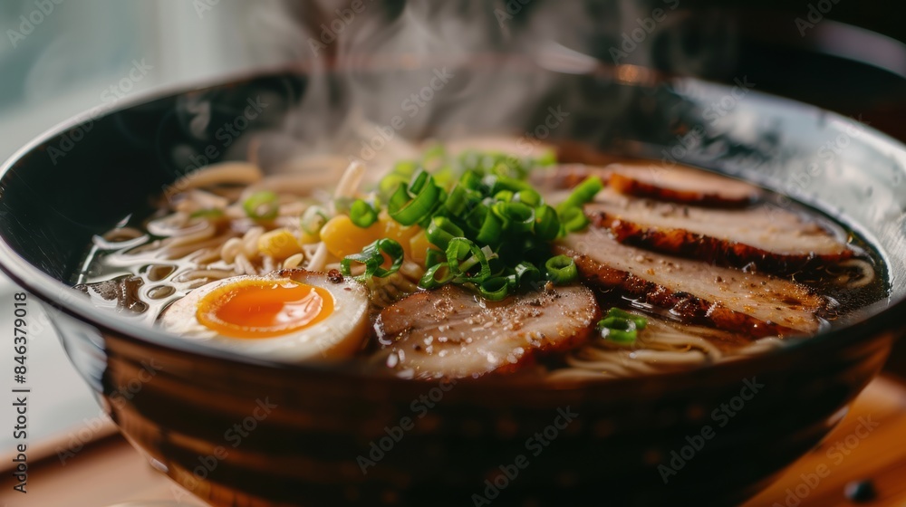A steaming bowl of ramen with pork slices, soft-boiled egg, and green onion A steaming bowl of ramen with pork slices, soft-boiled egg, and green onion