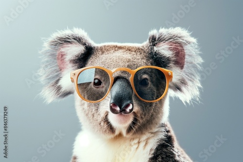 A studio close-up portrait photo of a cute koala wearing sunglasses, against a background of pastel shades. © Mark G