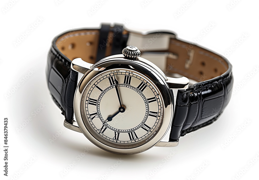 Classic Black Leather Strap Watch on a white background Classic Black Leather Strap Watch on a white background