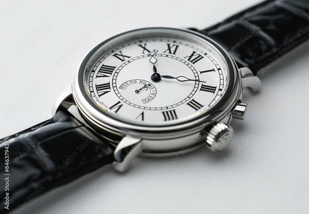 Classic Black Leather Strap Watch on a white background Classic Black Leather Strap Watch on a white background