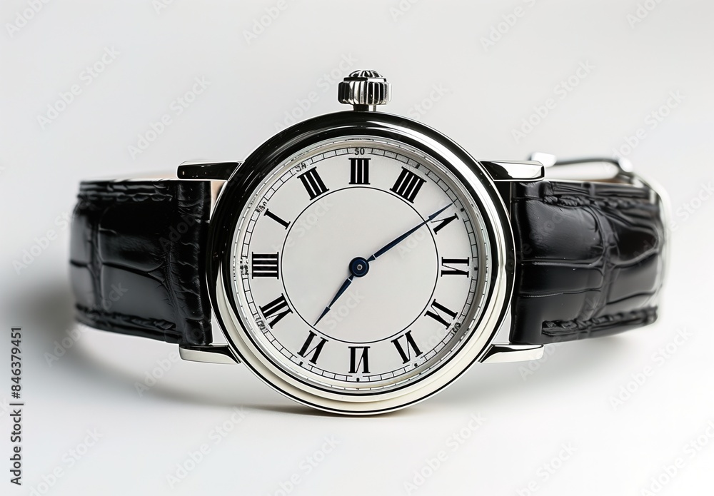 Classic Black Leather Strap Watch on a white background