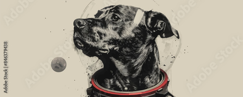 Dog portrait wearing astronaut helmet hand drawn sketch in doodle style Vector illustration