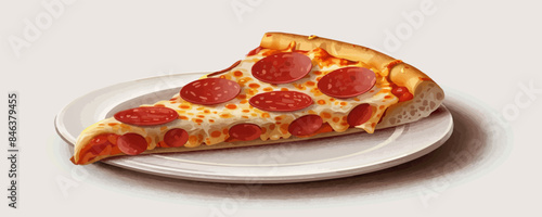 Pepperoni pizza slice with sausage on plate. vector simple illustration