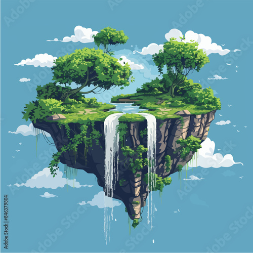 Fantastic island in the sky with hanging gardens and waterfalls. Vector flat minimalist isolated illustration.