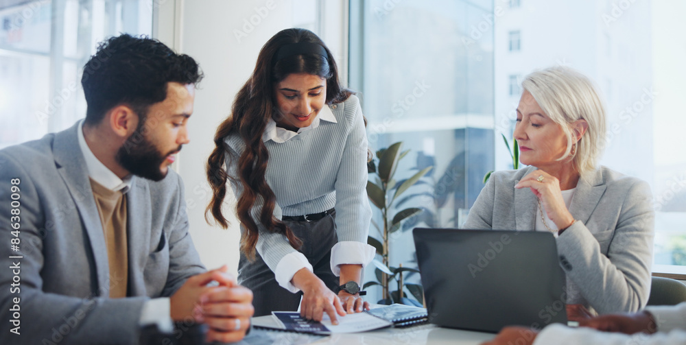 © peopleimages.com - Business, woman and meeting with laptop in office for ideas, planning and documents for information of project negotiation. Staff, agenda and teamwork for discussion, goal and company development
