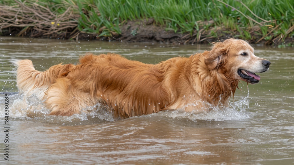 A golden retriever is in the water, tongue out, head above surface, mouth filled with water A golden retriever is in the water, tongue out, head above surface, mouth filled with water