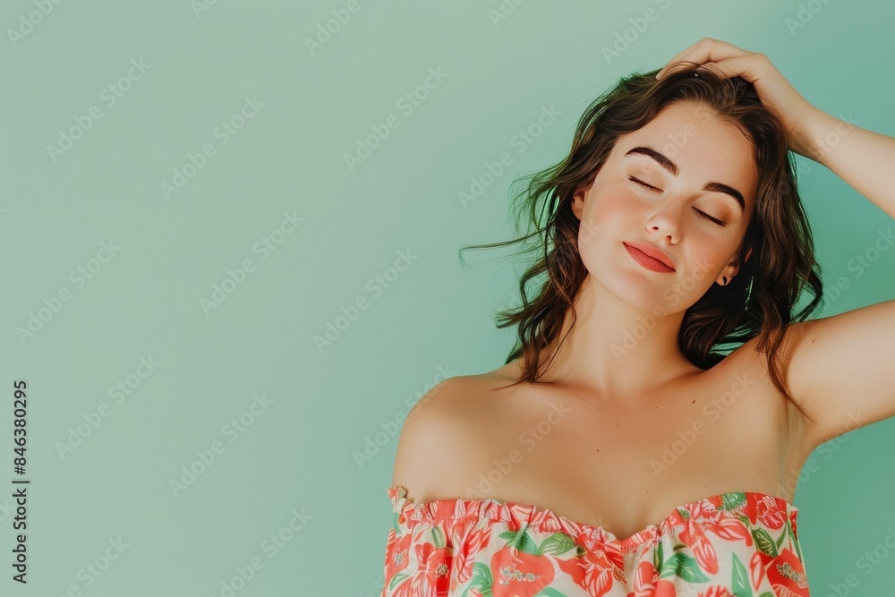 Elegant Croatian Woman in Chic Summer Dress Posing Against Light Green Background with Copy Space Elegant Croatian Woman in Chic Summer Dress Posing Against Light Green Background with Copy Space