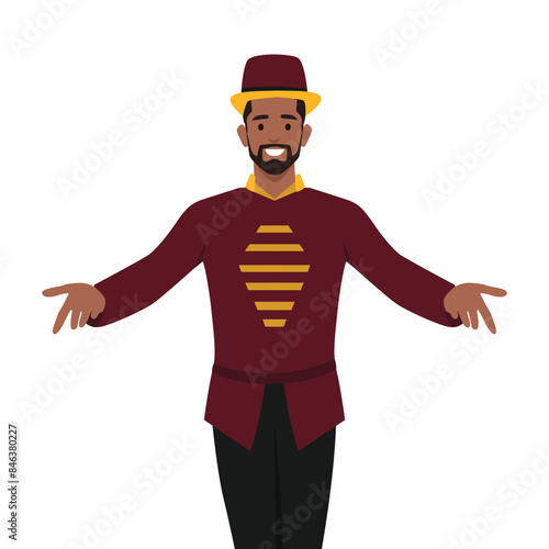 Smiling young illusionist or showman. Flat vector illustration isolated on white background