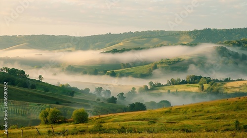 Very beautiful landscape with fog and green nature in the Republic of Moldova Rural nature in Eastern Europe : Generative AI