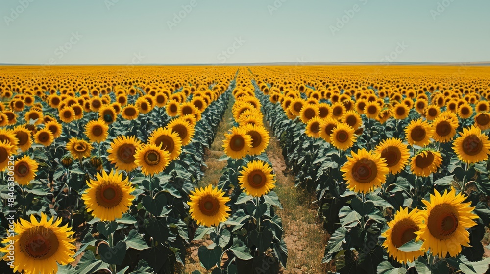 Obraz premium Large sunflower field, blue backdrop sky, foreground - yellow flower field