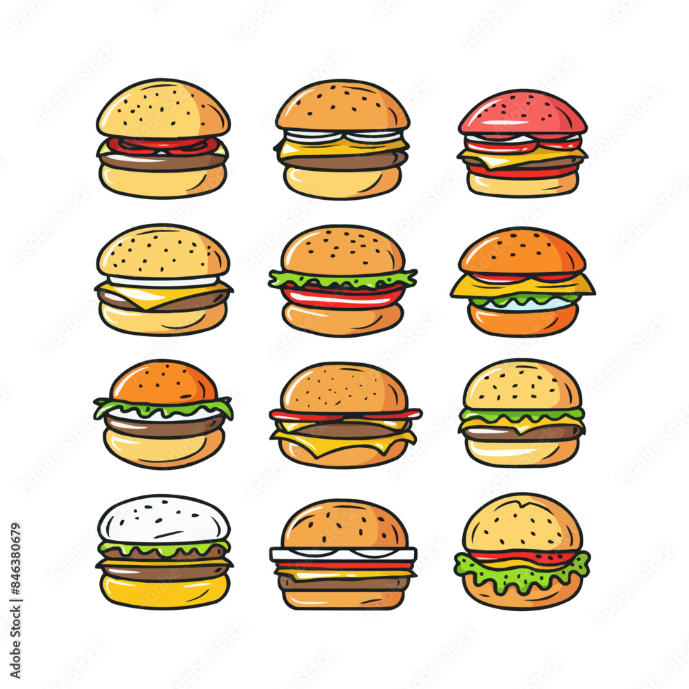 Collection burger linear icons. Vector illustration isolated on white background. Collection burger linear icons. Vector illustration isolated on white background.