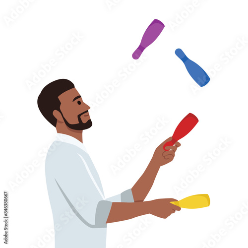 Young bearded juggler man juggling with clubs. Flat vector illustration isolated on white background