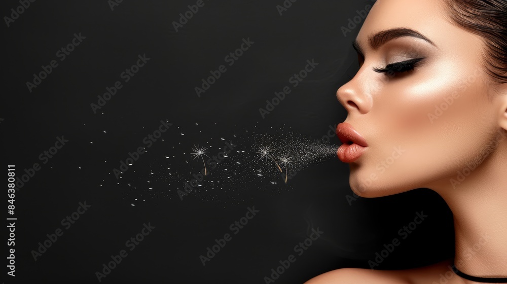 A beautiful woman blowing out a sparkle on her face against a black backdrop A beautiful woman blowing out a sparkle on her face against a black backdrop