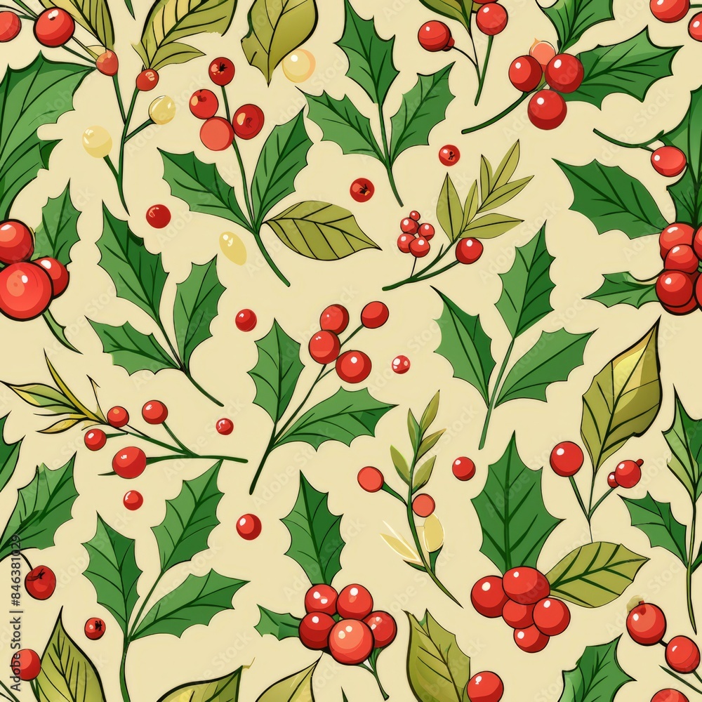 Seamless pattern of festive holly branches with doodle berries and leaves, Generative AI Seamless pattern of festive holly branches with doodle berries and leaves, Generative AI
