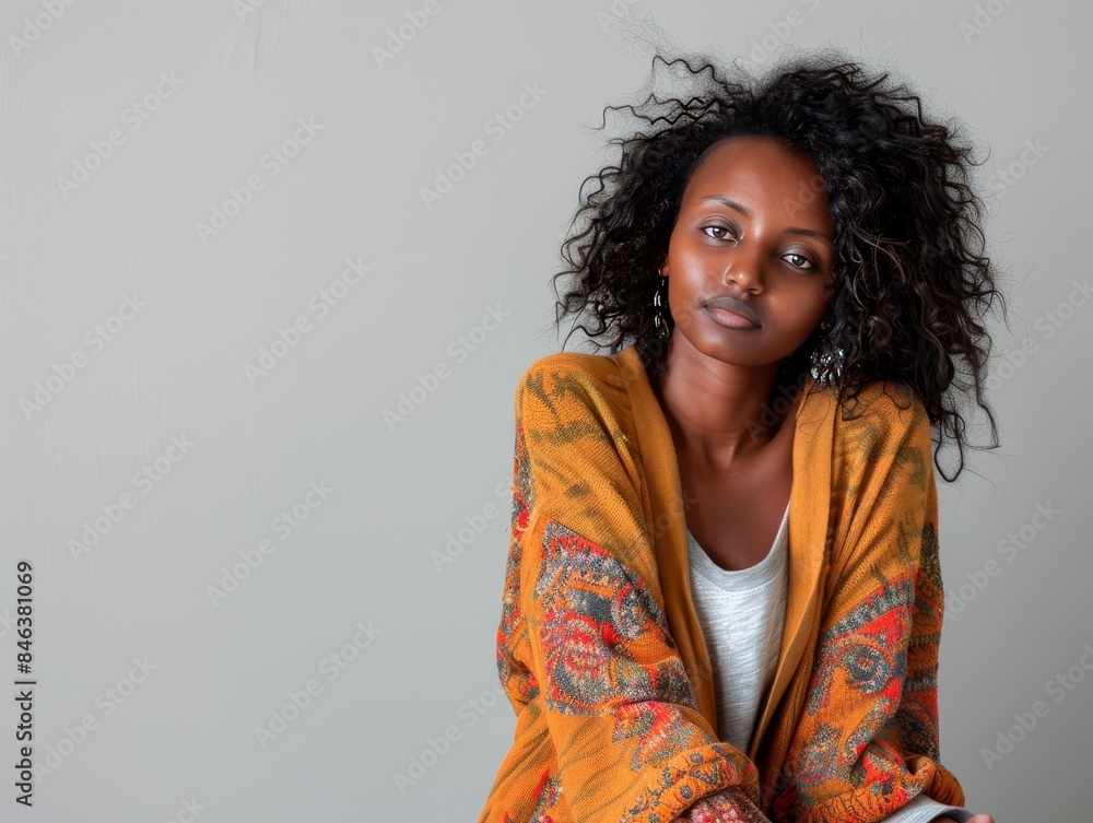Elegant Ethiopian Woman in Stylish Casual Attire on Light Grey Background with Copy Space Elegant Ethiopian Woman in Stylish Casual Attire on Light Grey Background with Copy Space