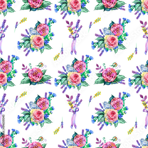 Watercolor Vintage Floral Seamless Pattern, Watercolor Bouquet of Red Roses and Wildflowers, Botanical Natural Digital Paper on White Background