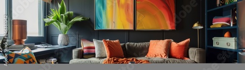 Modern living room with a couch, colorful artwork and a plant.